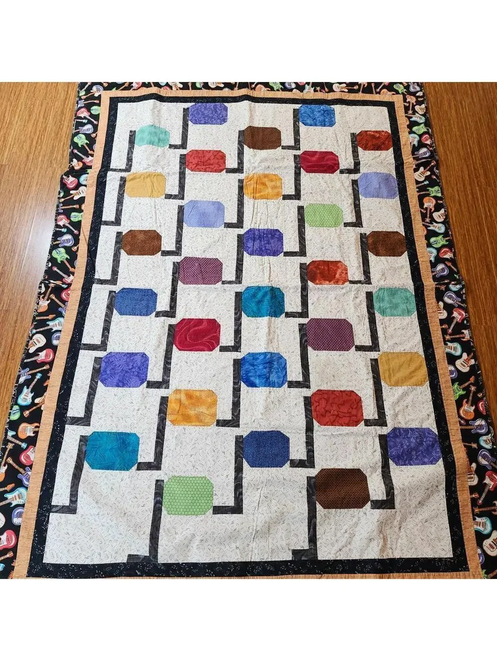 Colorful Handmade Quilt with Musical Guitar Border 60 x 86 Inch